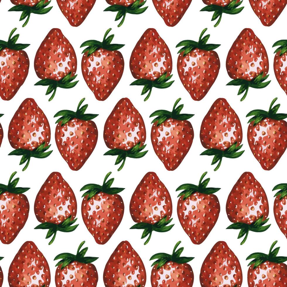 Seamless pattern with fresh and juicy strawberries isolated on white background, hand drawn watercolor illustration. For background, fabric and textile, postcard, packaging. vector