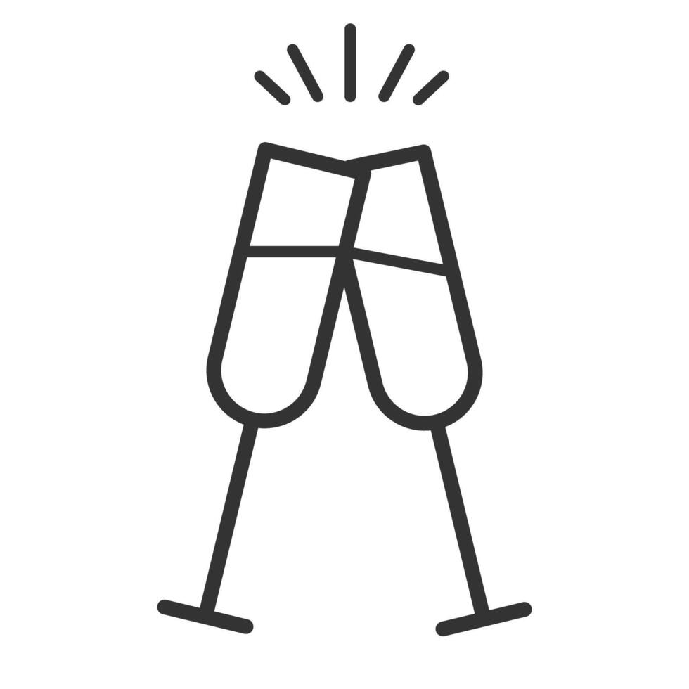 Champagne icon.Two sparkling wine glasses icons for greeting cards,postcards,invitations,menu.New Years,Christmas,Party symbol.Cheers.Editable stroke.Transparent background. illustration EPS 10 vector