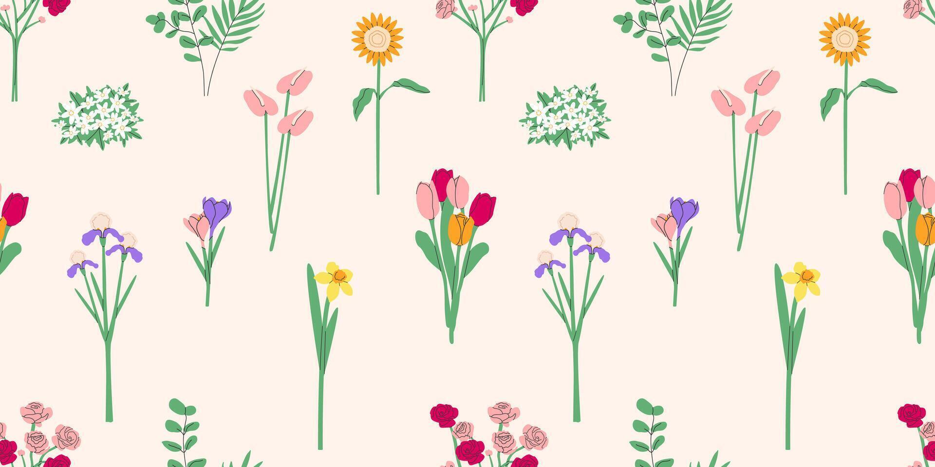 Seamless pattern with flowers and plants. spring summer background template.Botanical collection with flowers, leaves, floral bouquets, flower compositions. illustration EPS10. vector