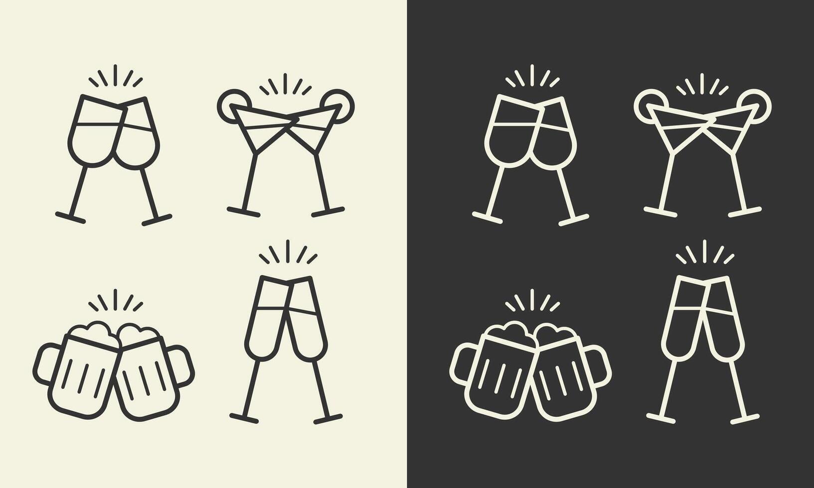 Alcohol cheers set.Two glasses of beer,wine,cocktail,sparkling wine icons.Friendship concept.Two toasting mugs,wineglasses clink symbol.Editable stroke.Transparent background. illustration EPS10 vector