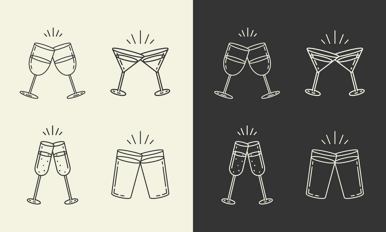Alcohol cheers set. Two glasses of beer,wine,cocktail,sparkling wine icons.Friendship concept.Two toasting mugs,wineglasses clinking symbol.Flat graphic illustration EPS10. vector