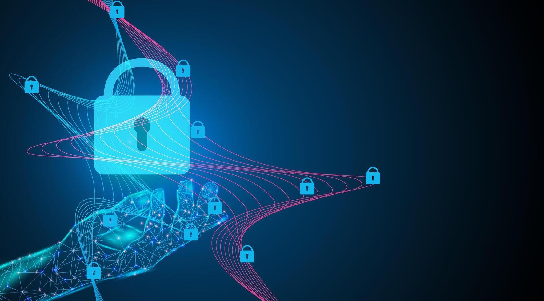 illustration. Cyber security system, hand and lock connecting. Abstract technology blue background vector