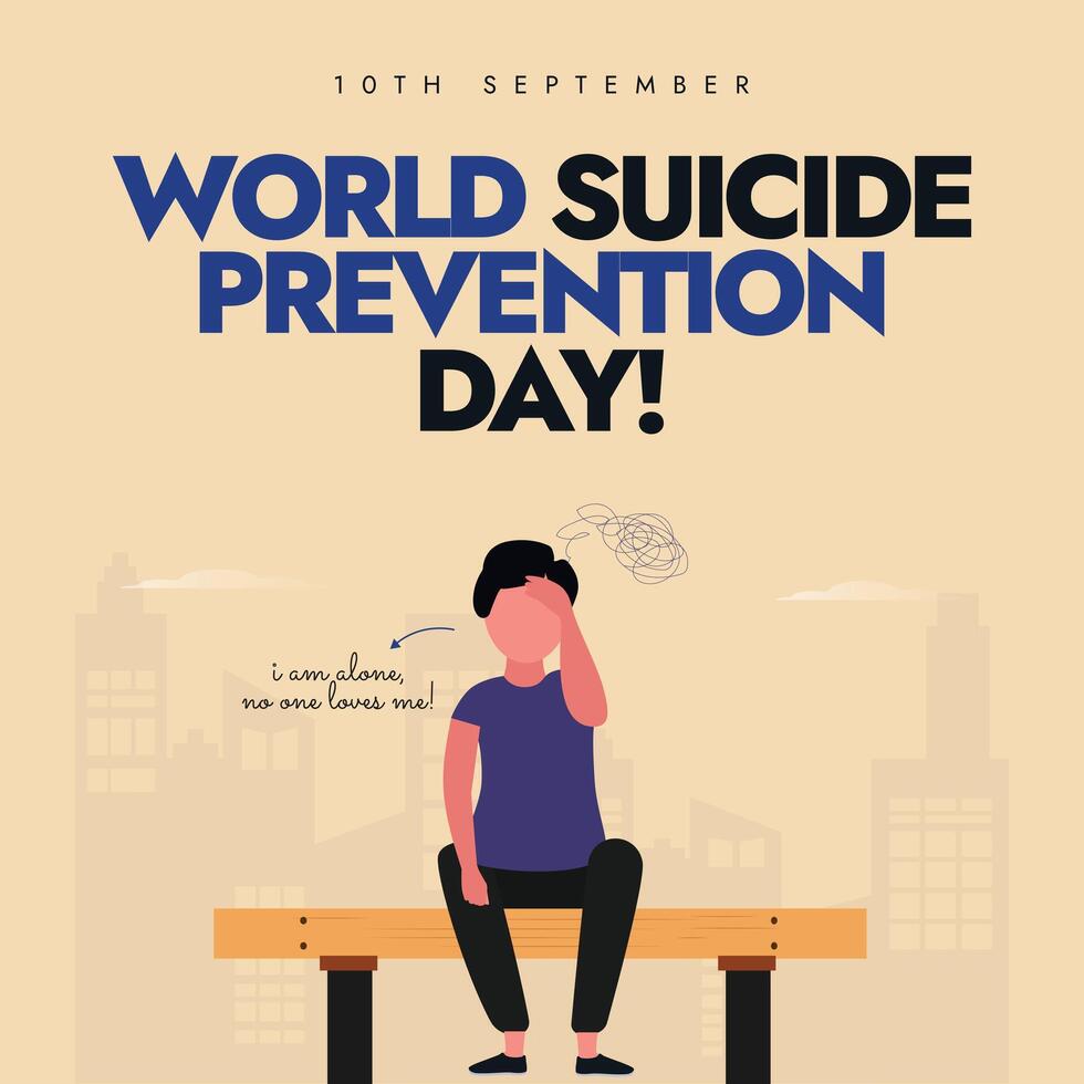 Suicide Prevention day. 10th September World suicide prevention day banner with sad boy sitting on a bench. This day aims to raise awareness, reduce stigma, and focus attention on the issue of suicide vector