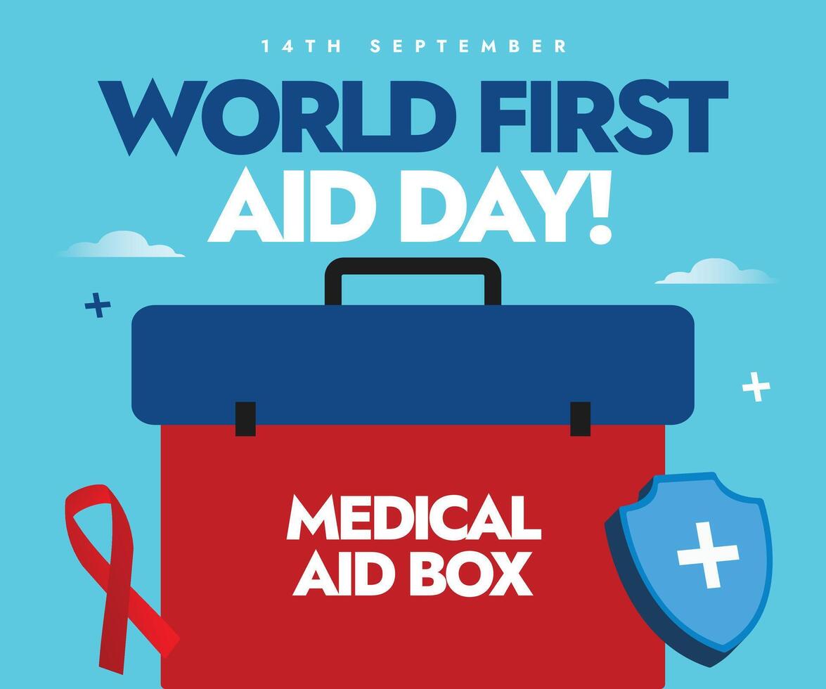 World First Aid Day. 14th September First Aid Day banner, social media post with medical box, protection shield. The day tells the importance of first aid and its role in saving lives in emergencies vector