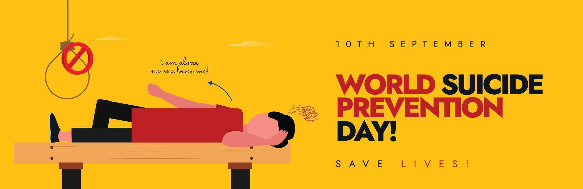World Suicide Prevention Day conceptual cover banner. Suicide prevention day awareness banner with boy lying in a bench with thoughts in mind, ban sign on hanging rope. The day promotes mental health. vector