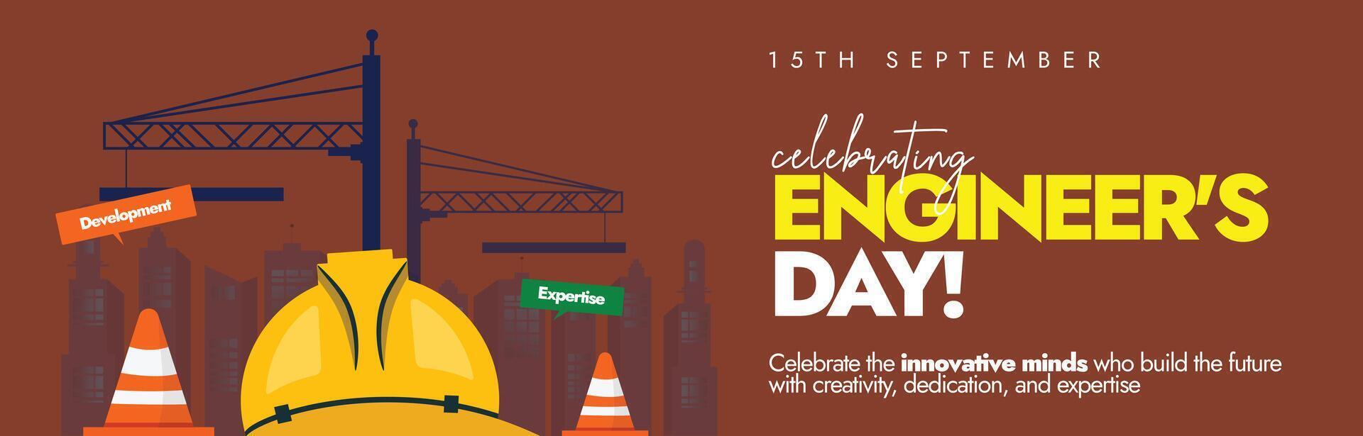 Engineers Day, 15th September. World Engineers day cover banner, post with silhouette buildings, cranes, construction, orange cones. The day promotes central to modern life and sustainable development vector