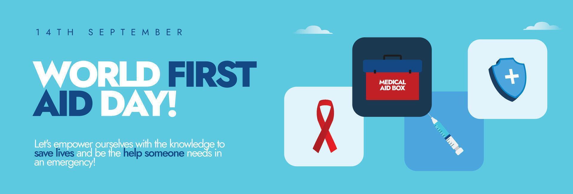 World First Aid Day. 14th Sept First Aid day celebration cover banner, social media post with icons of medical box, red ribbon, syringe, protection shield. The day promotes to have a knowledge of aid. vector
