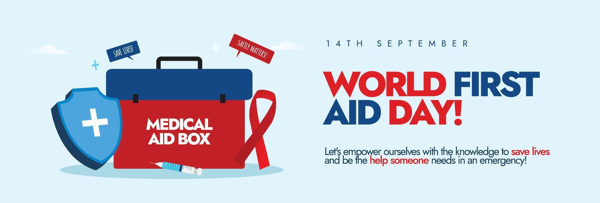 World First Aid Day. 14th Sept First Aid day cover banner with a medical box, protection shield, red ribbon. The day raise awareness about the value of first aid, its role in saving lives in emergency vector