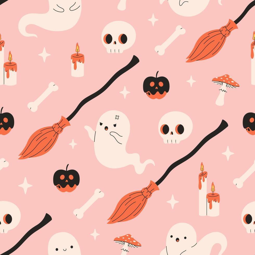 Cute Halloween seamless pattern with ghost, broom, skull, candles, bones. Halloween characters. Print for banners, wallpapers, textiles, wrapping paper. vector