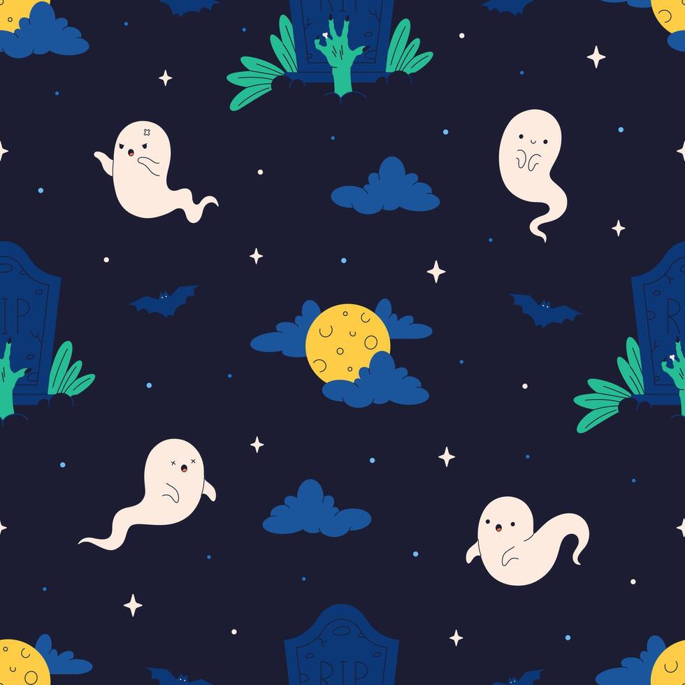 Cute Halloween seamless pattern with ghosts, full moon, grave. Halloween characters. Print for banners, wallpapers, textiles, wrapping paper. vector