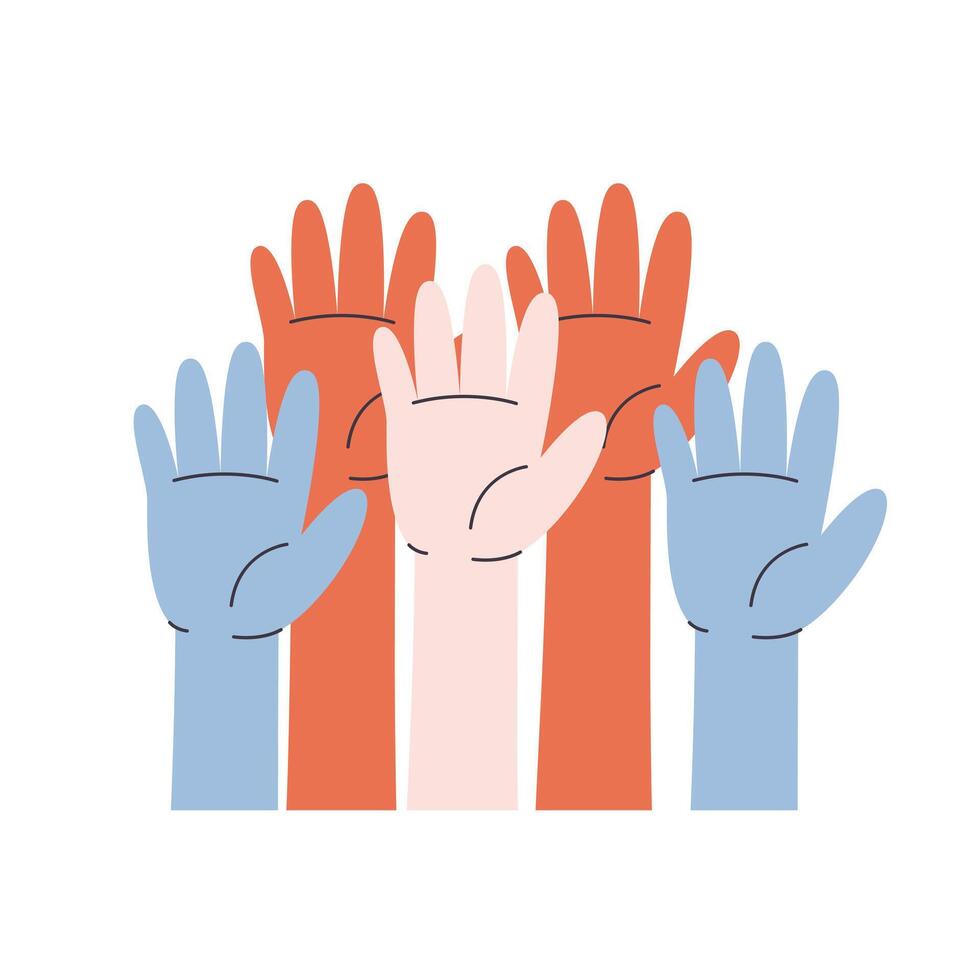 Raised up hands. Election campaign for civil rights, protest event, rally. Voting and elections concept. vector