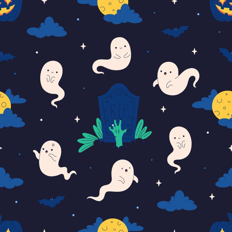 Cute Halloween seamless pattern with ghosts, full moon, grave. Halloween characters. Print for banners, wallpapers, textiles, wrapping paper. vector