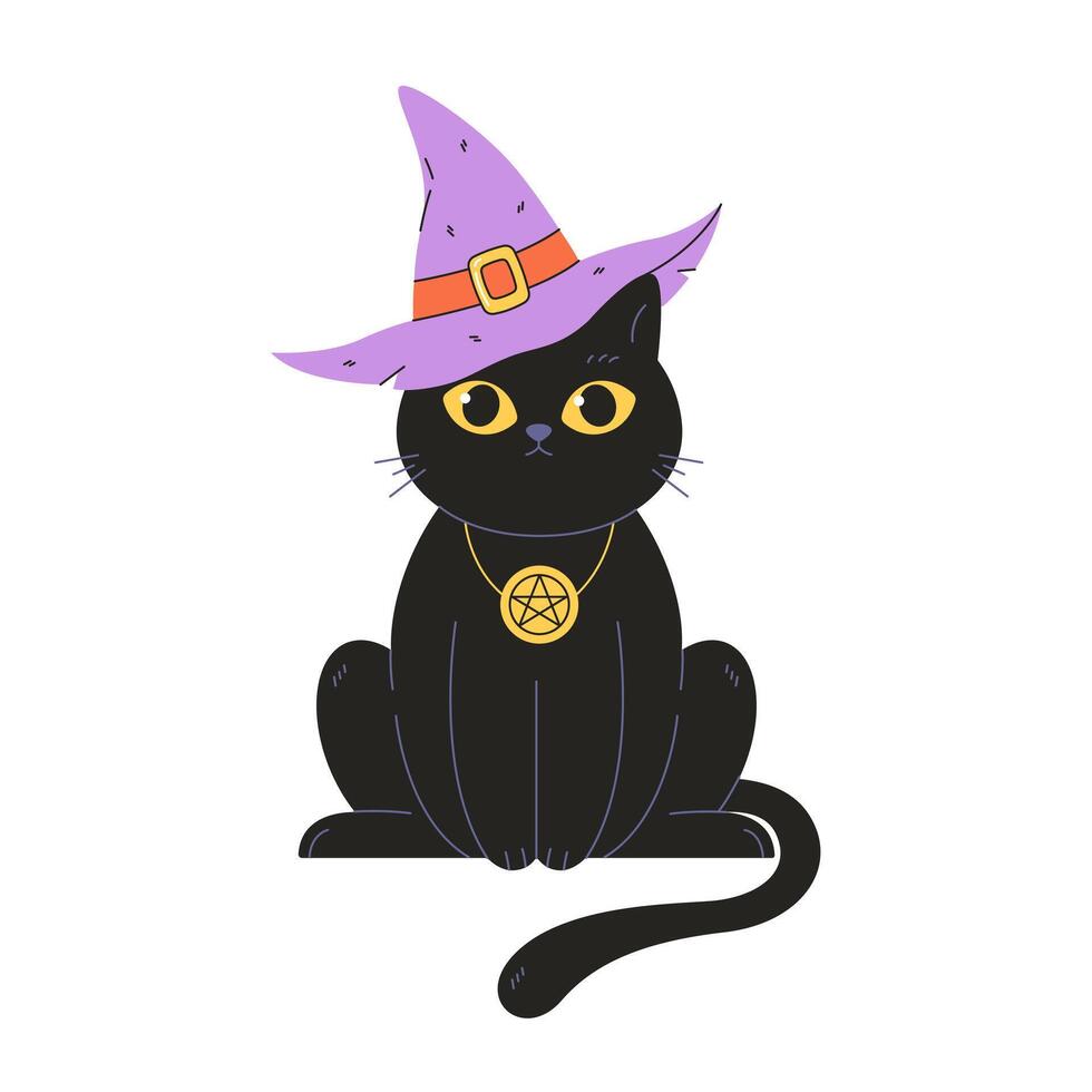 Cute black cat in witch hat with amulet. Magic, witchcraft. Happy Halloween vector