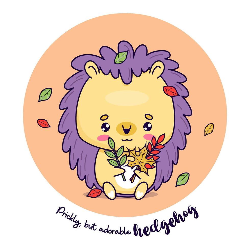 Cute hedgehog with autumn leaves. Funny cartoon kawaii animal character. Kids collection. vector