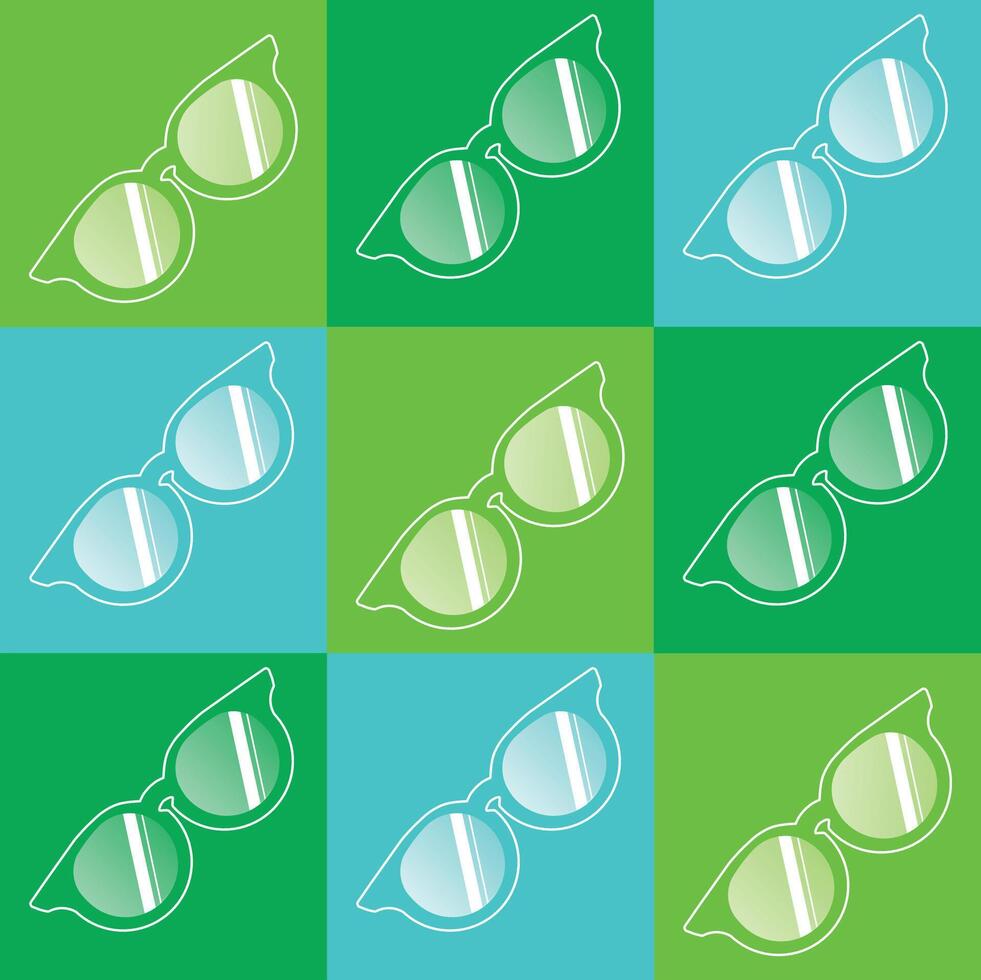 A vibrant seamless pattern featuring glasses in alternating green and blue shades. The design showcases stylish eyewear arranged in a grid format, creating a modern and trendy look. vector