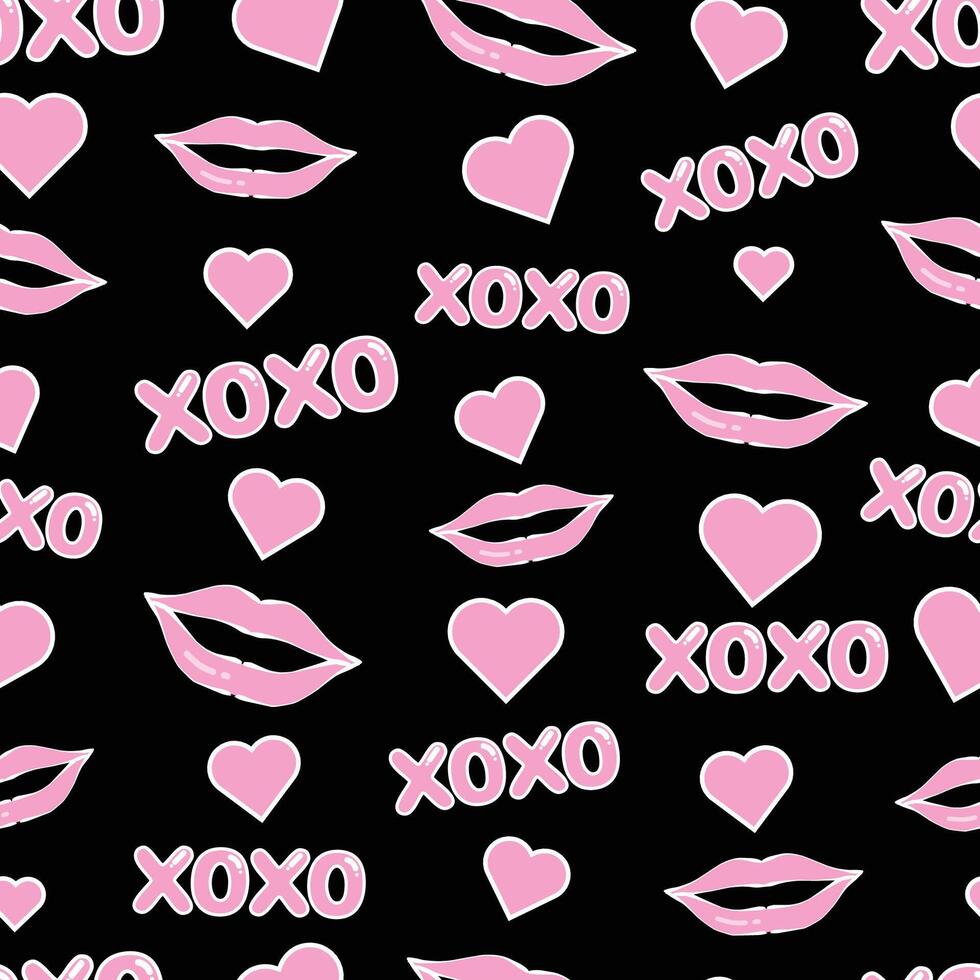 A seamless pattern featuring pink hearts, lips, and XOXO text against a black background. This playful and romantic design is perfect for Valentine's Day, love-themed projects, and greeting cards. vector