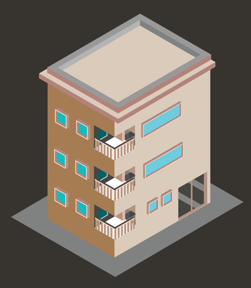 A 3D modern building illustration, multi story residential building, suitable for engineering plans and architecture students, good for icons and posters and signs, can be used for web design vector
