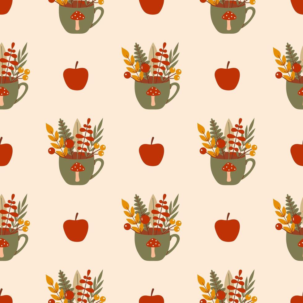 Seamless Autumn Pattern with Floral Arrangements in Cups and Apples vector