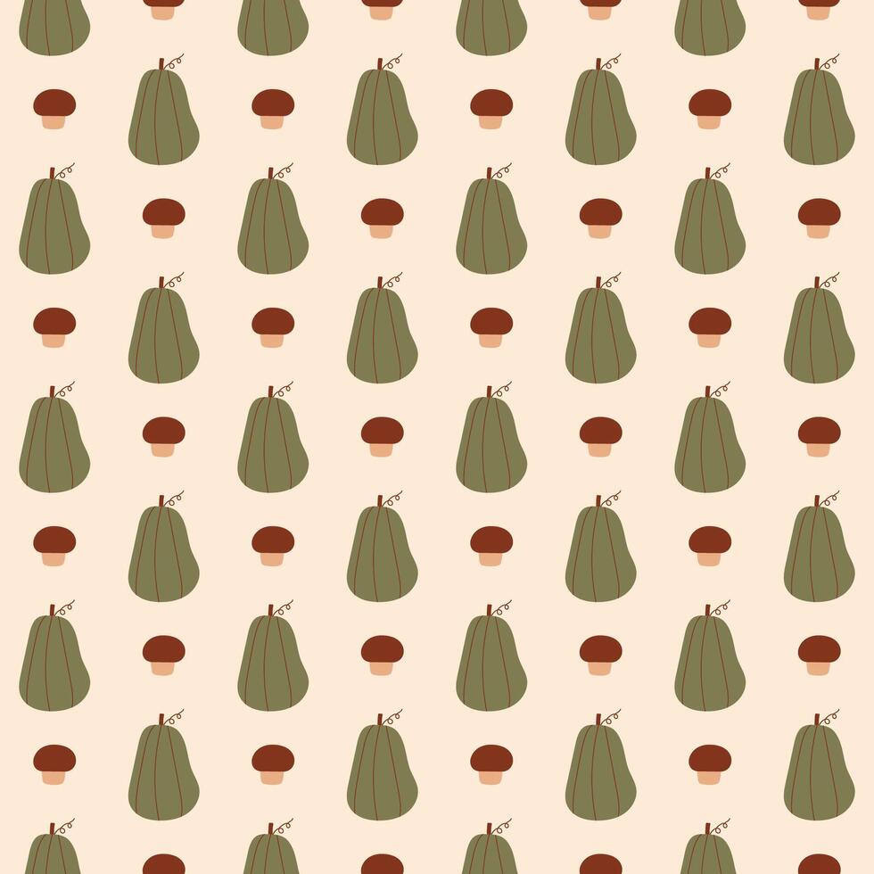 Retro Seamless Pattern with Green Pumpkin and Mushroom Icons in a Vintage Style. vector