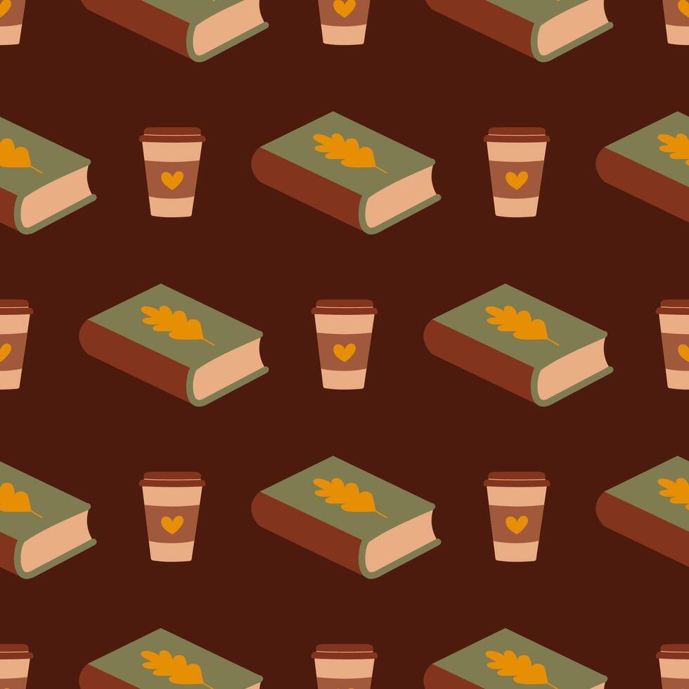 Cozy Autumn Books and Coffee Seamless Pattern - Perfect for Seasonal Designs and Backgrounds vector
