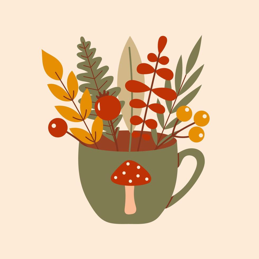 Whimsical Autumn Mug Bouquet with Vibrant Leaves and Berries Illustration vector