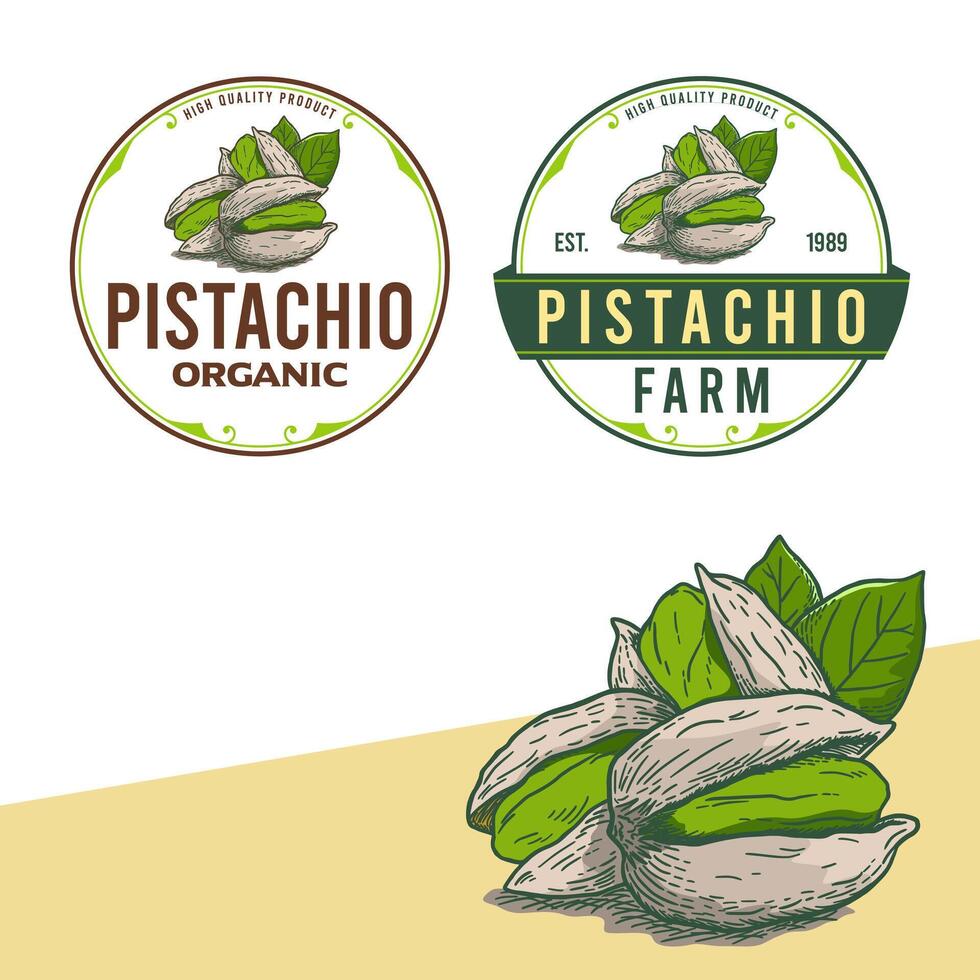 A label vintage logo for an organic pistachio farm, featuring classic typography, earthy tones, and a rustic design. The logo reflects authenticity, nature, and the farm's commitment to quality. vector