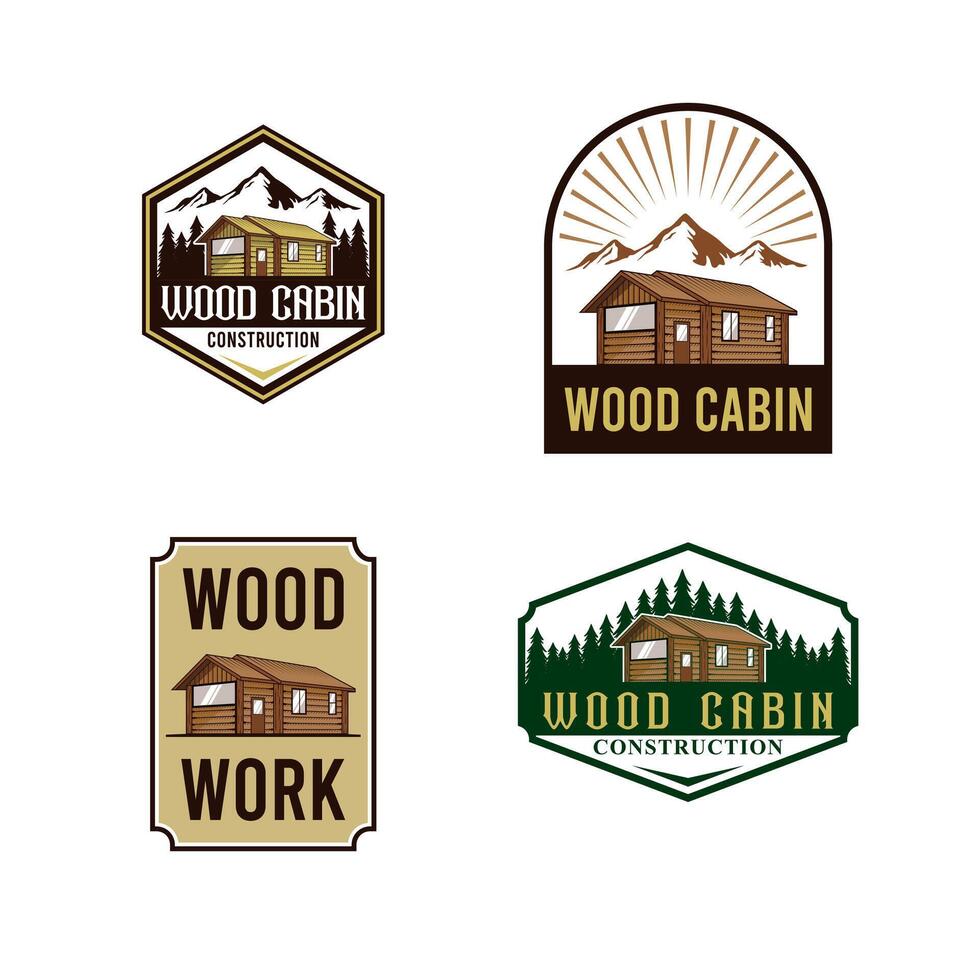Vintage wood cabin logo with mountains and pine trees, capturing a rustic, timeless feel vector