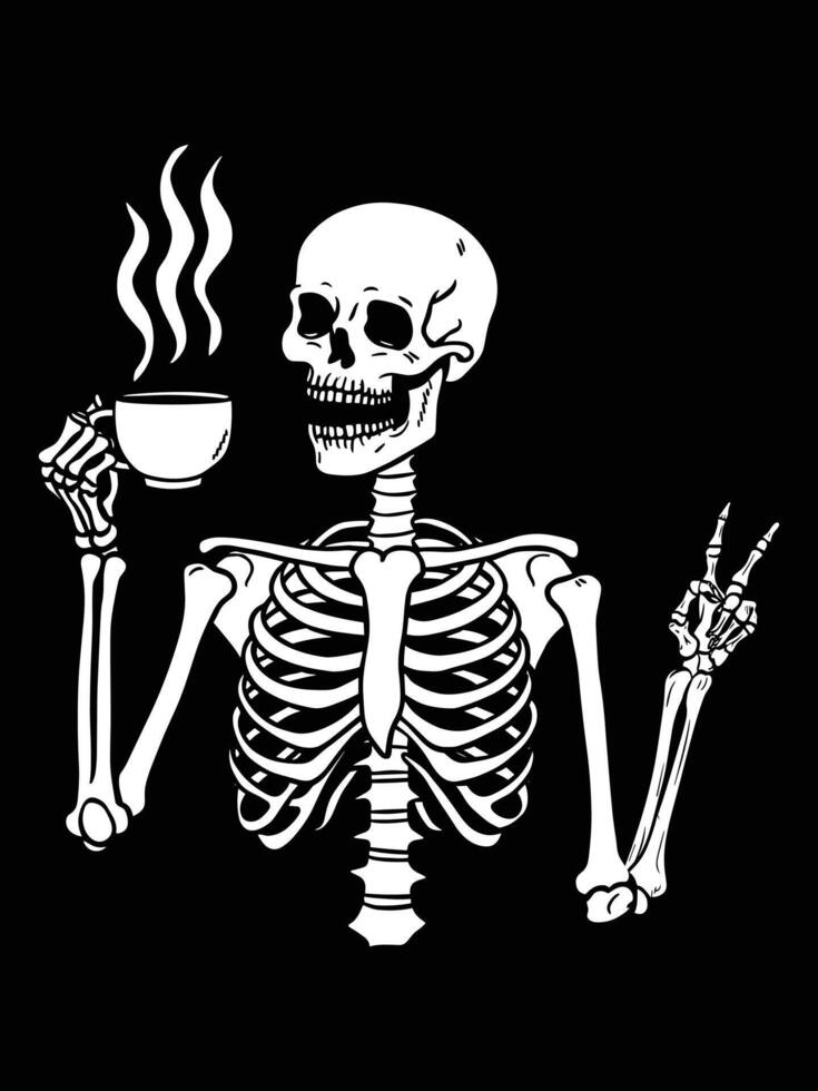 Skeleton drinking coffee, skeleton coffee in hand vector