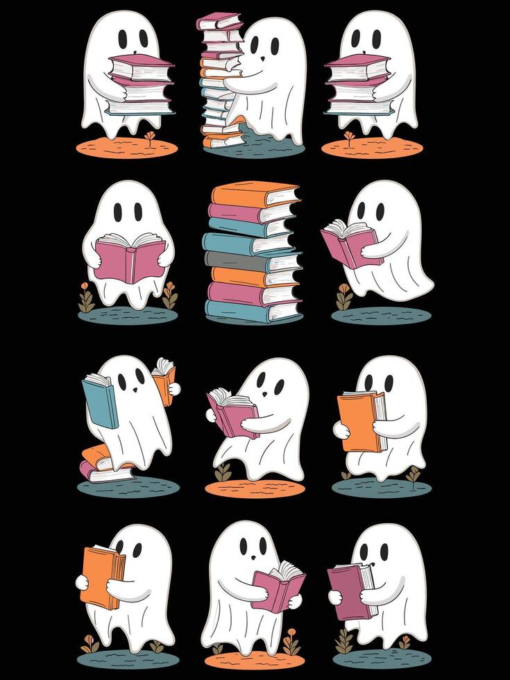 Ghost reading books, Boo reading books, cute ghost vector