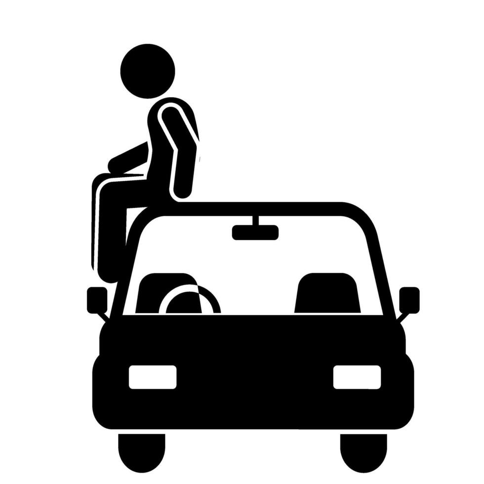 illustration of a stick figure icon sitting on the roof of a car, sitting on a car vector