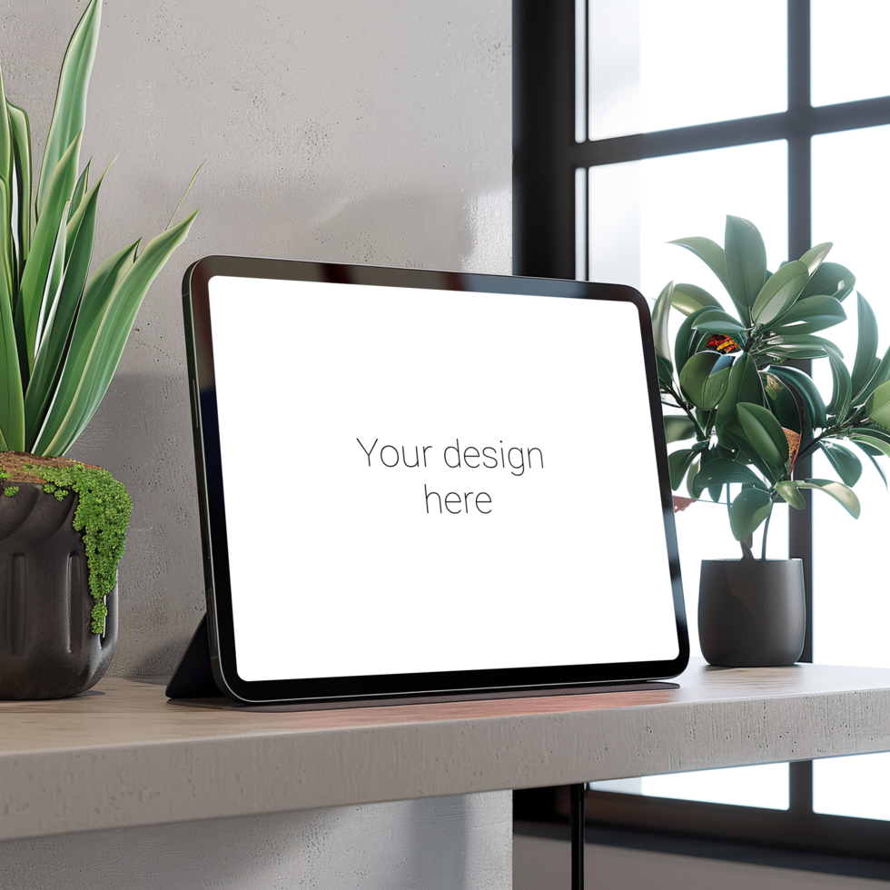Black Tablet PC on Warm Wooden Table Mockup psd