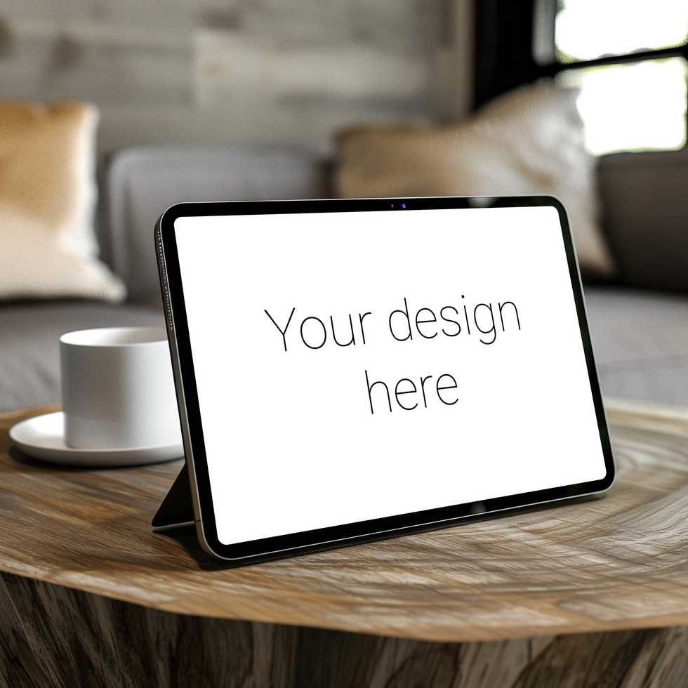 Stylish Black Tablet PC on Rustic Wooden Desk psd