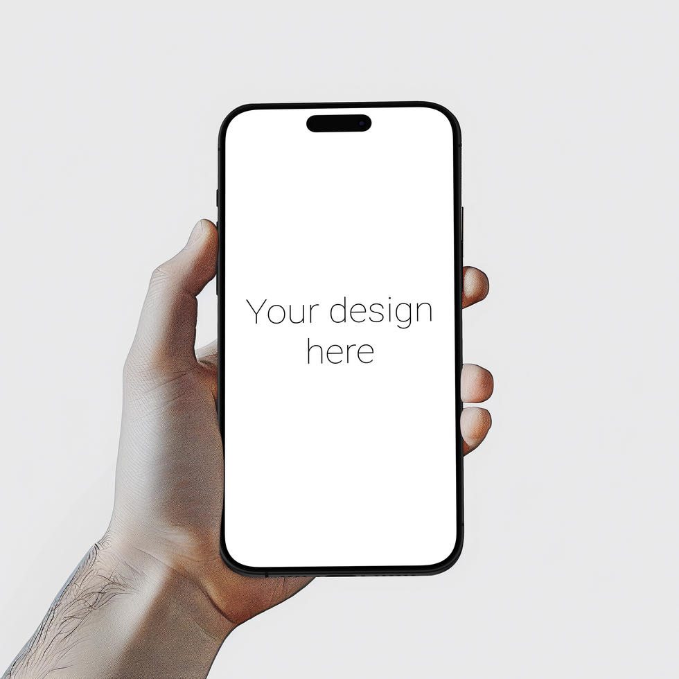 Mockup of Black Smartphone in Hand with Gray Wall Background psd