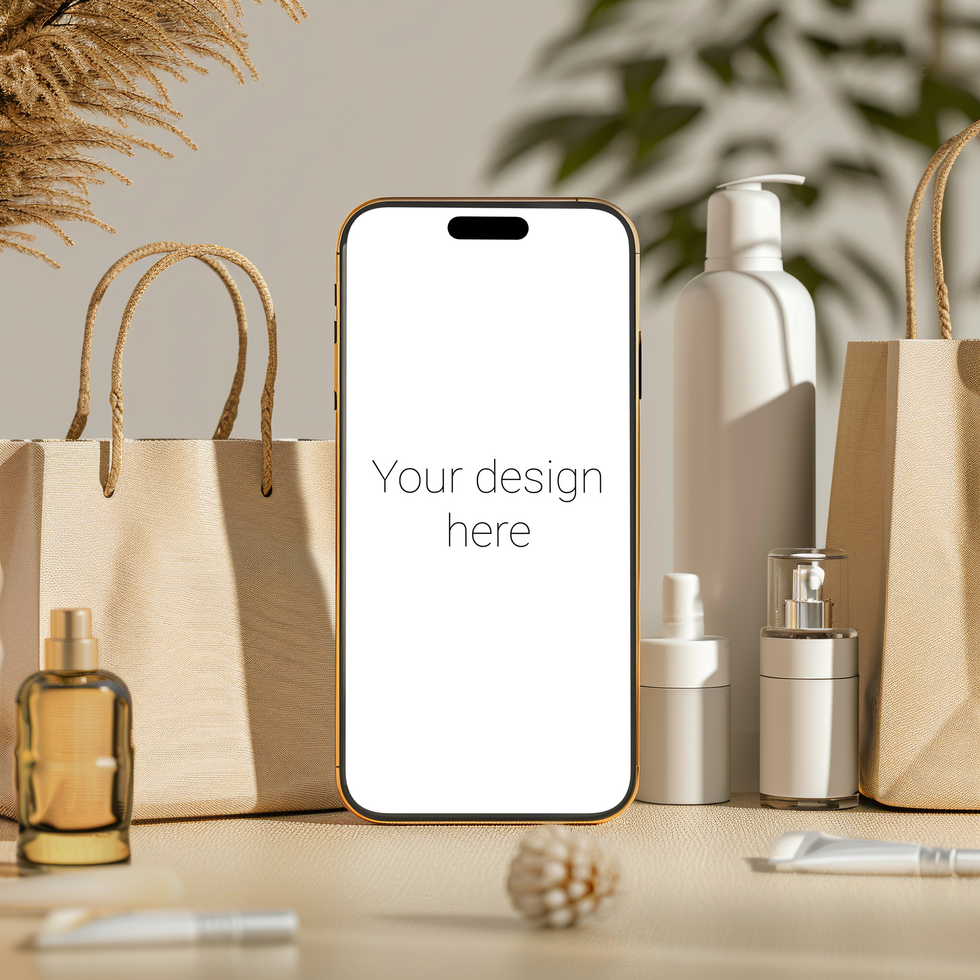 Elegant Black Smartphone on Table with Handbags and Cosmetics psd