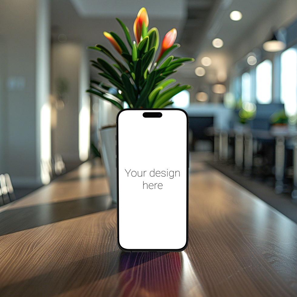 Stylish Black Smartphone Like iPhone on Wooden Table with Plant psd