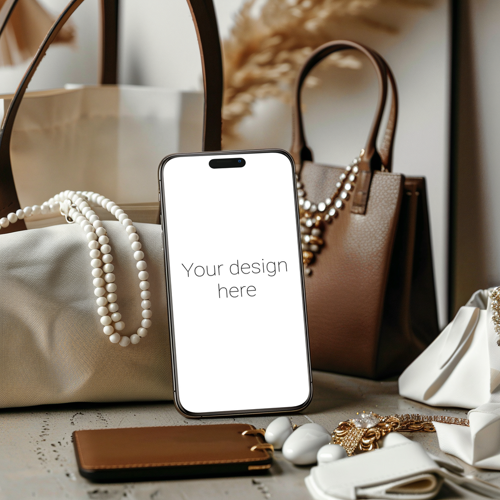 Black Phone Stands on Table with Handbags and Makeup Mockup psd