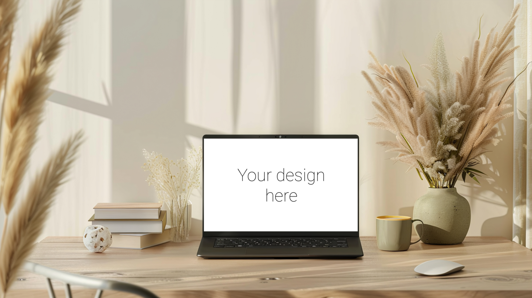 Cozy Workspace with Black Laptop on Wooden Desk Mockup psd