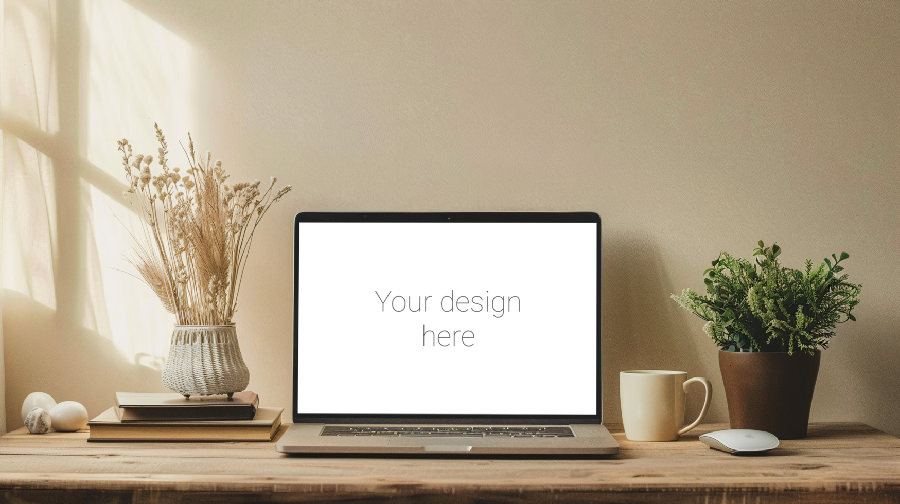 Cozy Workspace with Silver Laptop on Wooden Desk Mockup psd