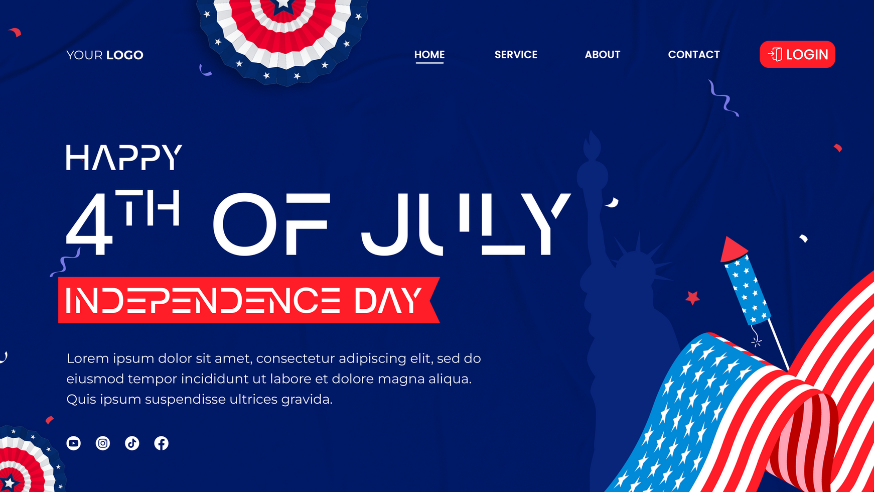 Flat horizontal web banner template for american 4th of july celebration psd