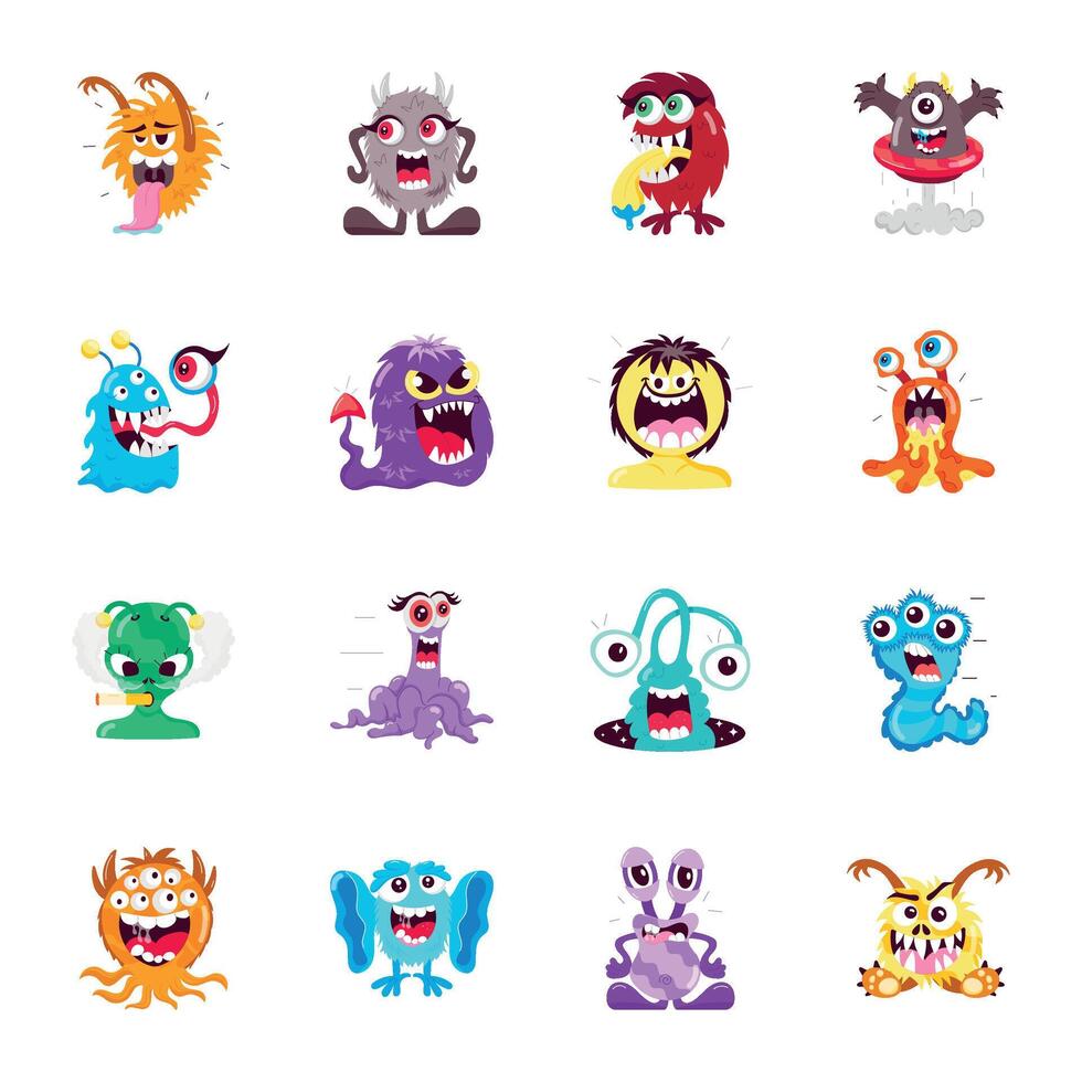 Handy Pack of Space Monsters Flat Stickers vector