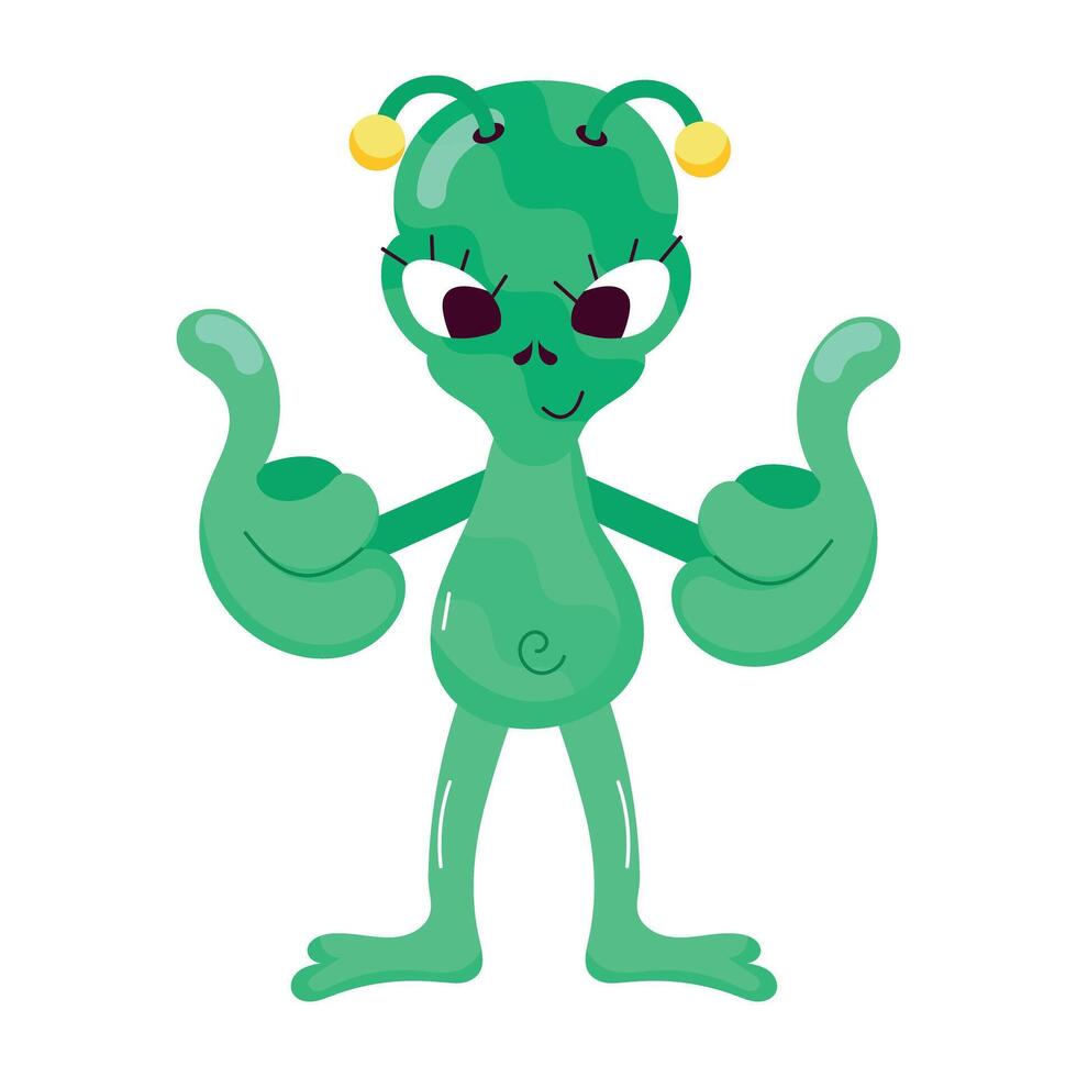 Alien showing thumbs up gesture, flat sticker vector