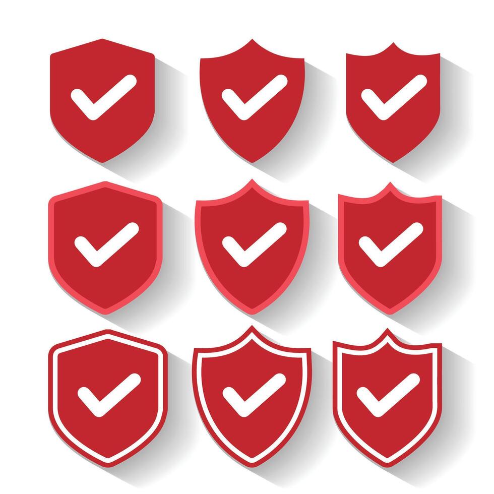 Set Red Shield icon. Shield with a checkmark in the middle Protection icon concept vector