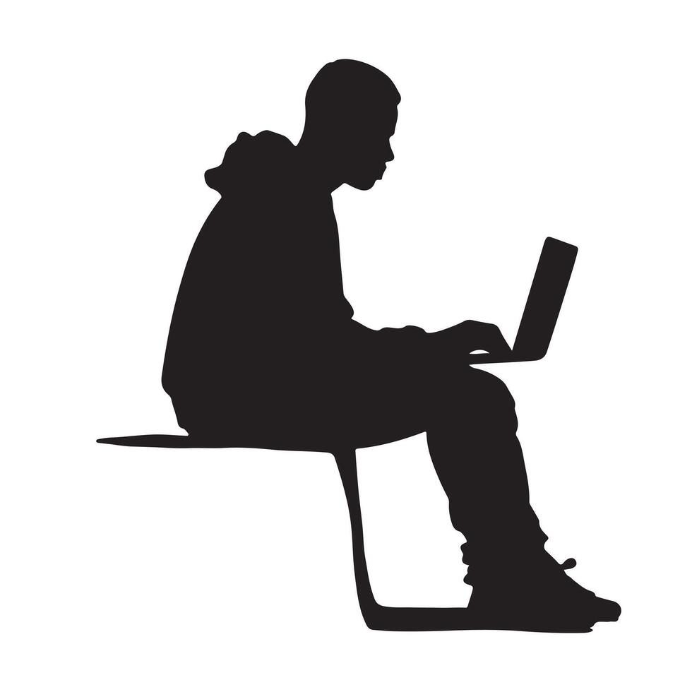 A man with a laptop on a white background silhouette white background vector