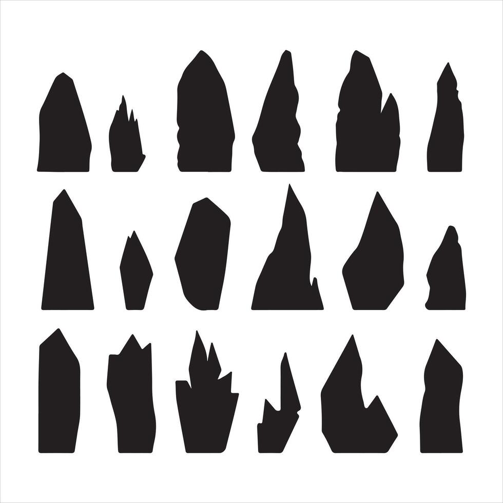 Black rock specimen set. Stone sample silhouette white background vector