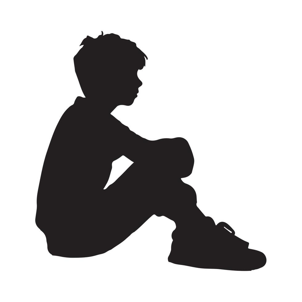 Side profile portrait silhouette of a boy sitting silhouette white background vector