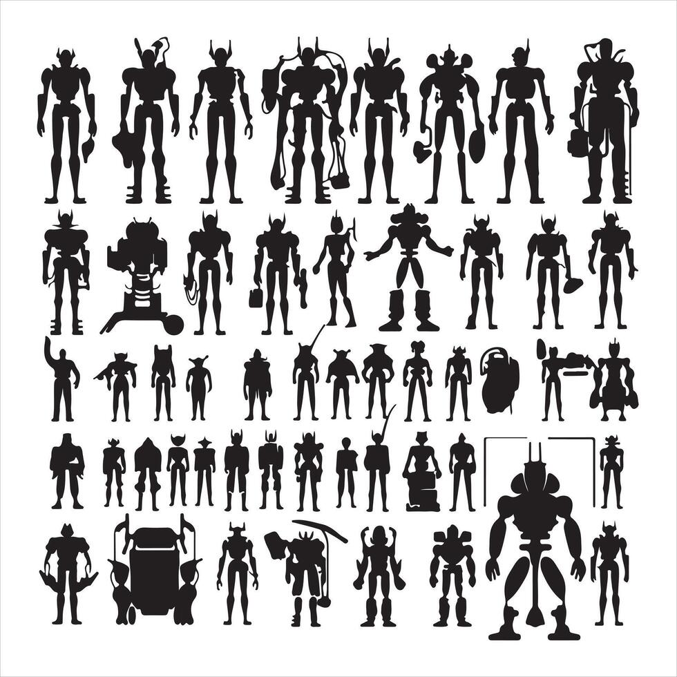Robot silhouettes set large pack of silhouette white background vector