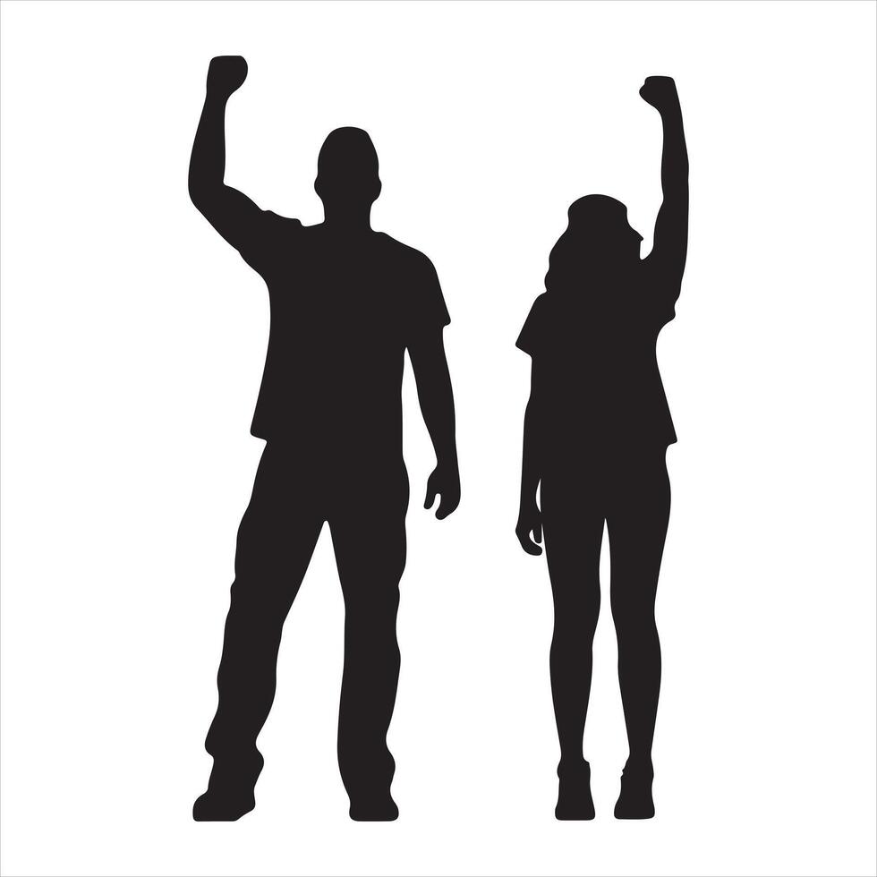 Raised sign in protest man woman silhouette white background vector