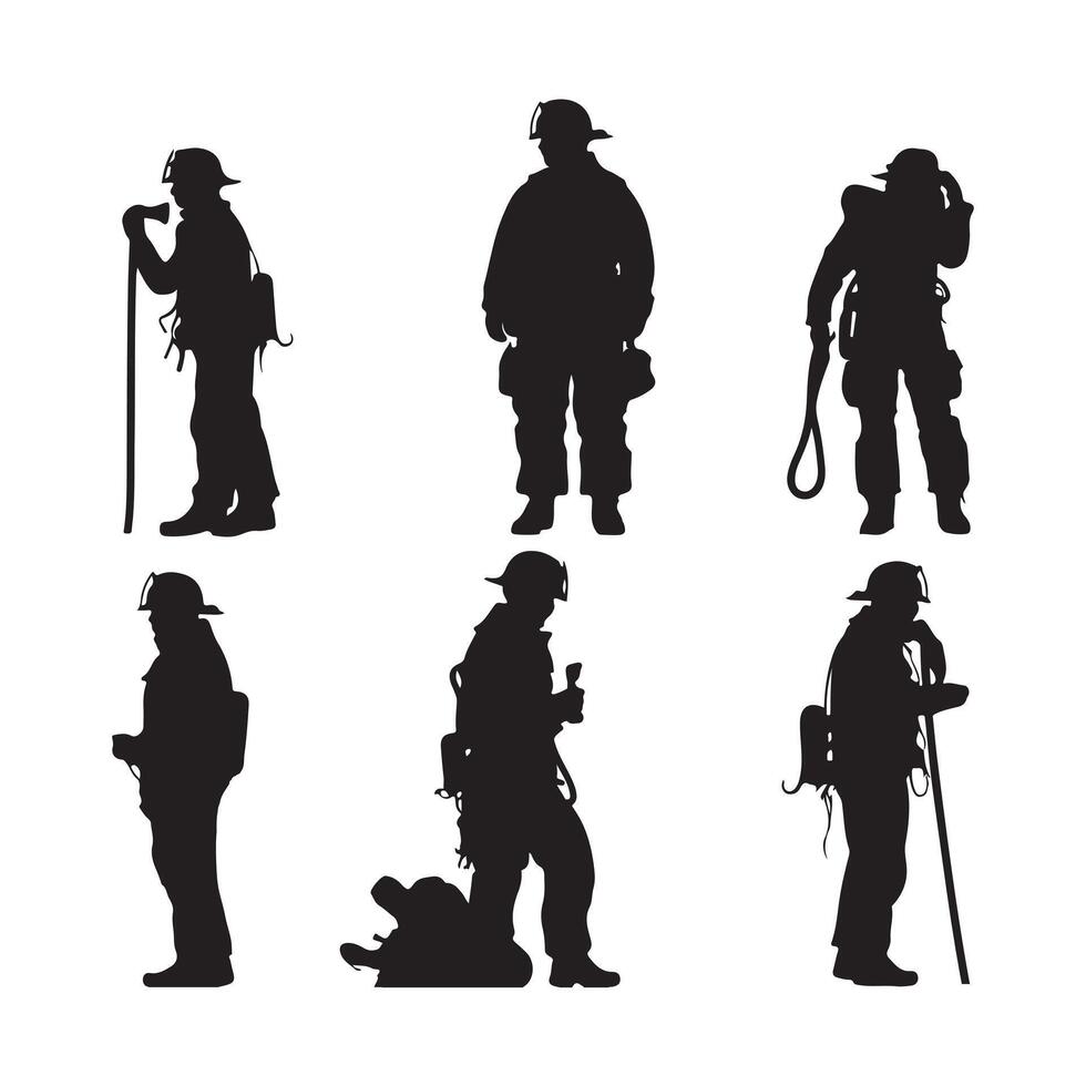 Set of firefighter silhouette white background vector