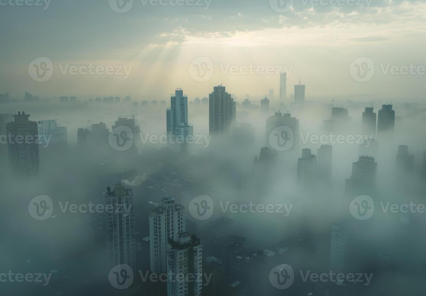 A city skyline shrouded in thick smog, with buildings barely visible through the haze photo