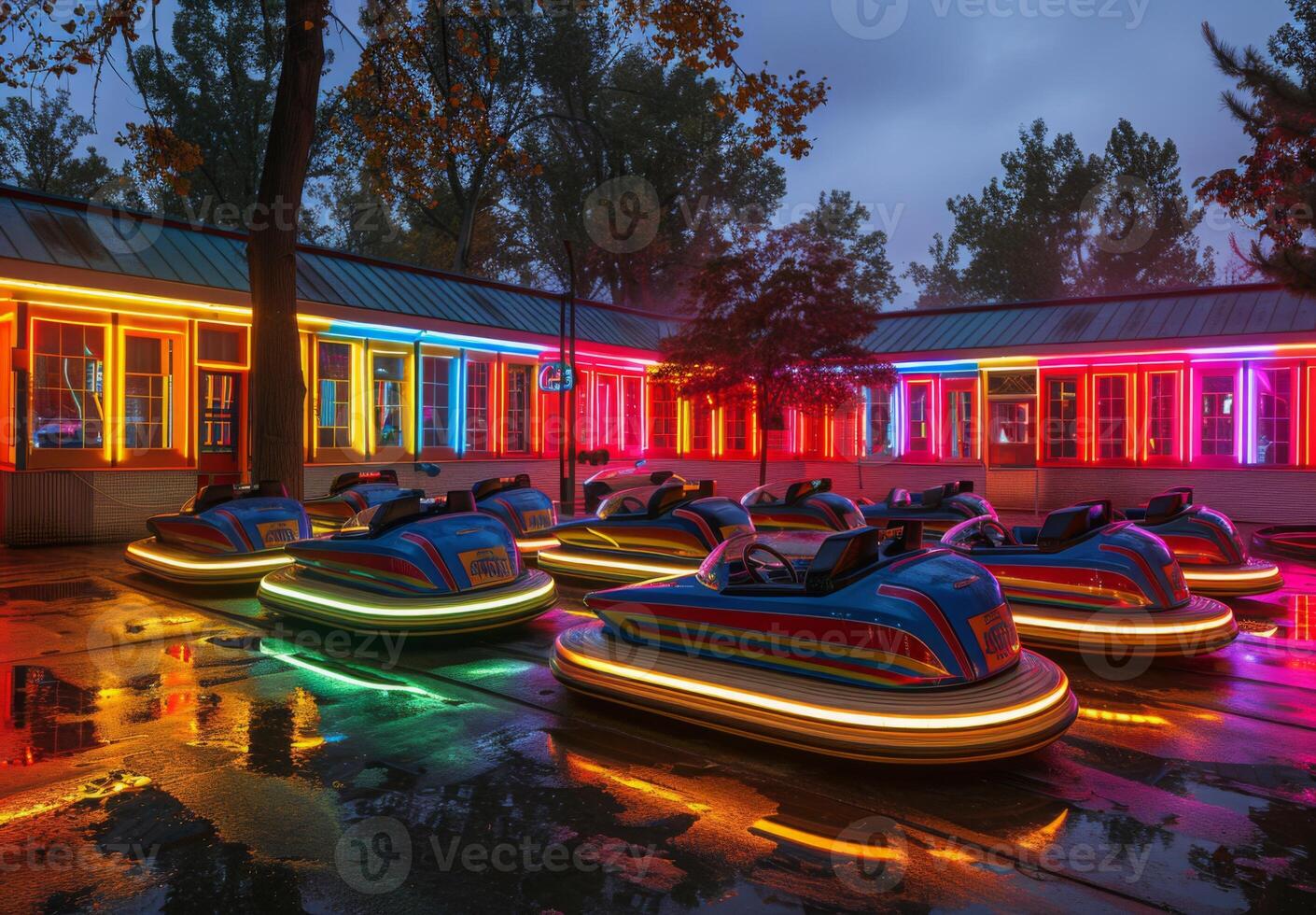 A classic bumper car arena with bright, retro inspired designs photo